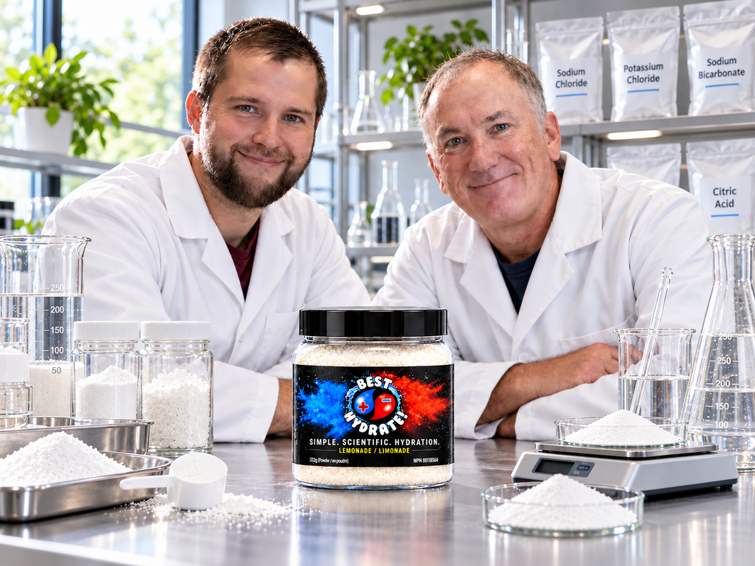 Austin Swiniarski and Dr. Spencer Proctor in a laboratory with Best Hydrate Lemonade and formulation ingredients