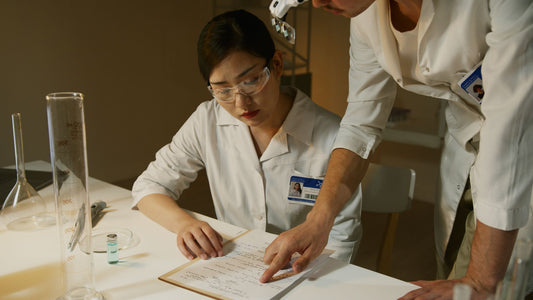 Researchers reviewing scientific documentation