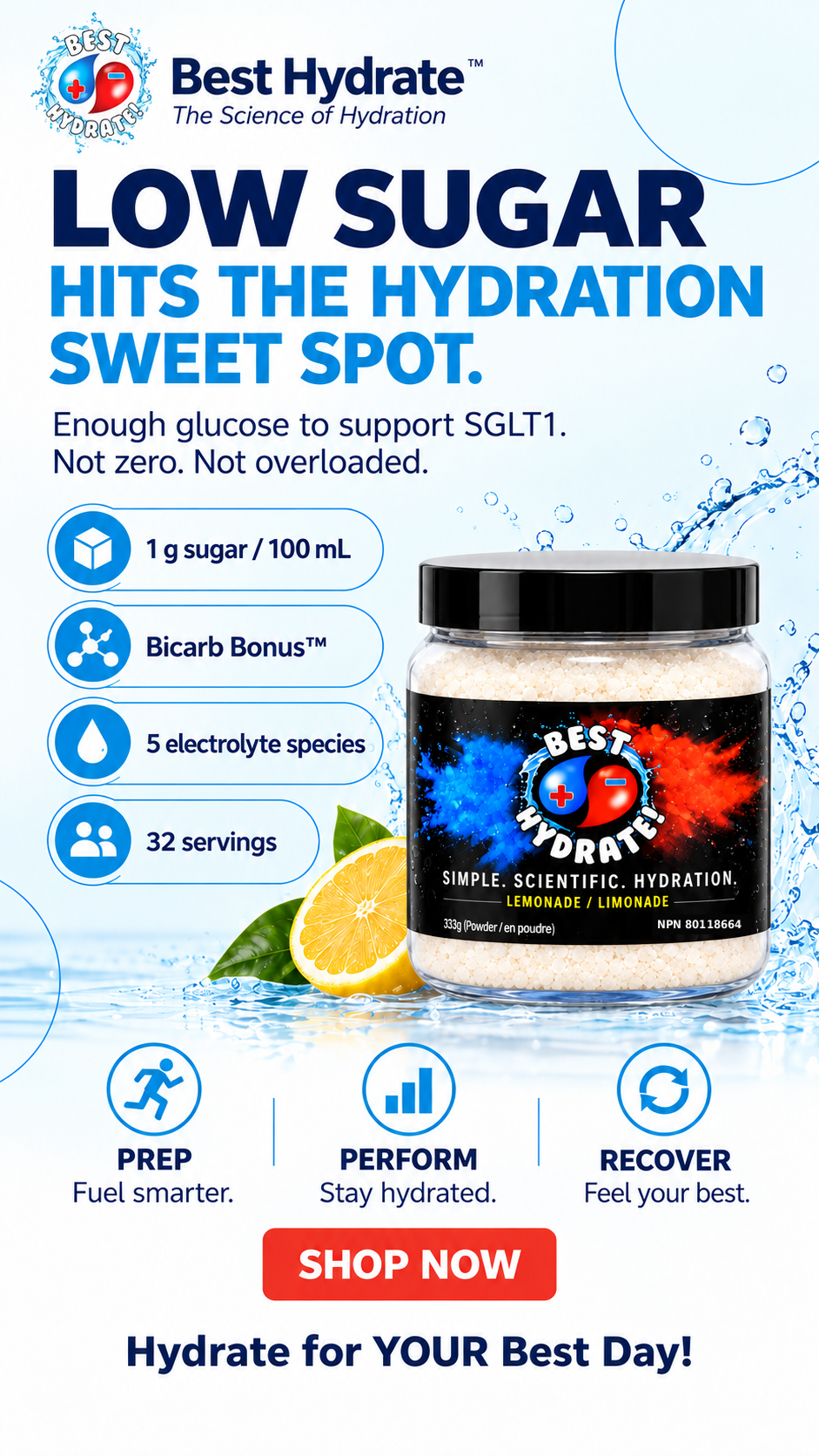 Best Hydrate low-sugar hydration graphic featuring Bicarb Bonus™, 5 electrolytes, 32 servings, and NPN 80118664.